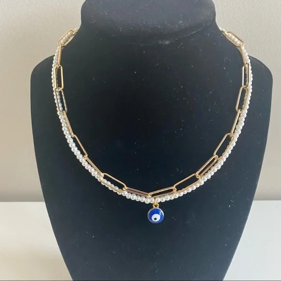 18k Gold Filled Evil Eye and Pearl Layered Choker Necklace - Picture 3 of 3